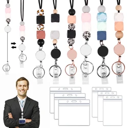 9Pcs Badge Holder and Lanyard Set Cute Beaded Retractable Lanyard with Swivel Buckle Waterproof ID Card Holder Horizontal and