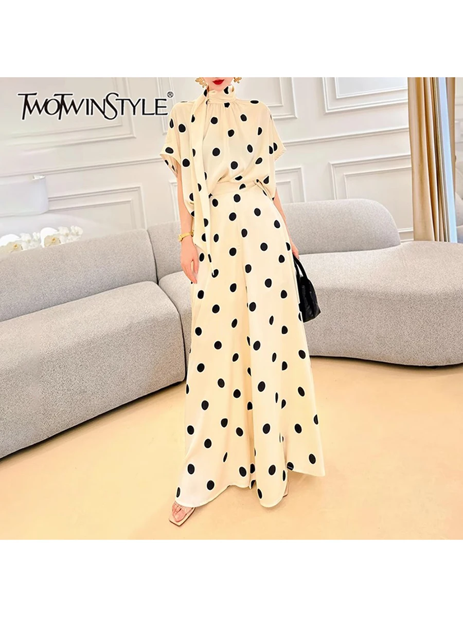 

TWOTWINSTYL Hit Color Polka Dot Two Piece Set For Women O Neck Short Sleeve Top High Waist Temperament Skirt Sets Female Fashion