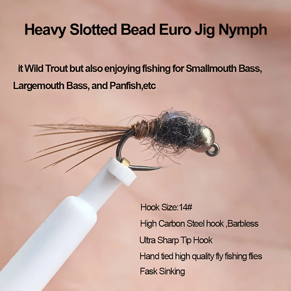 5 Stück # 14 Barbless Tungsten Jig Nymphen-Fliegen mit Fasanenschwanz, Euro-Nymphen, Nassfliegen für Forellen-, Grauelfen- und Weißfischangeln – Detail 2