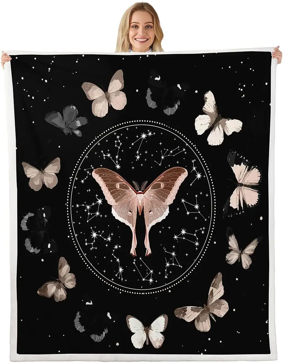 Gothic Moth Fleece Blanket Baby Galaxy Butterflies Warm Plush Sherpa Blanket Mysterious Black Wildlife Fuzzy Plush Throw