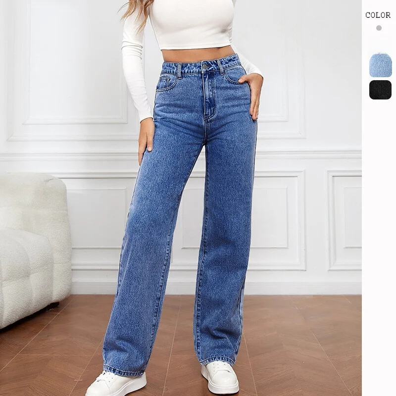 

Faionable High Waist Long Straight Leg Jeans Women's Cleanfit Waed Denim Pants Elastic Waisand Casual Trousers