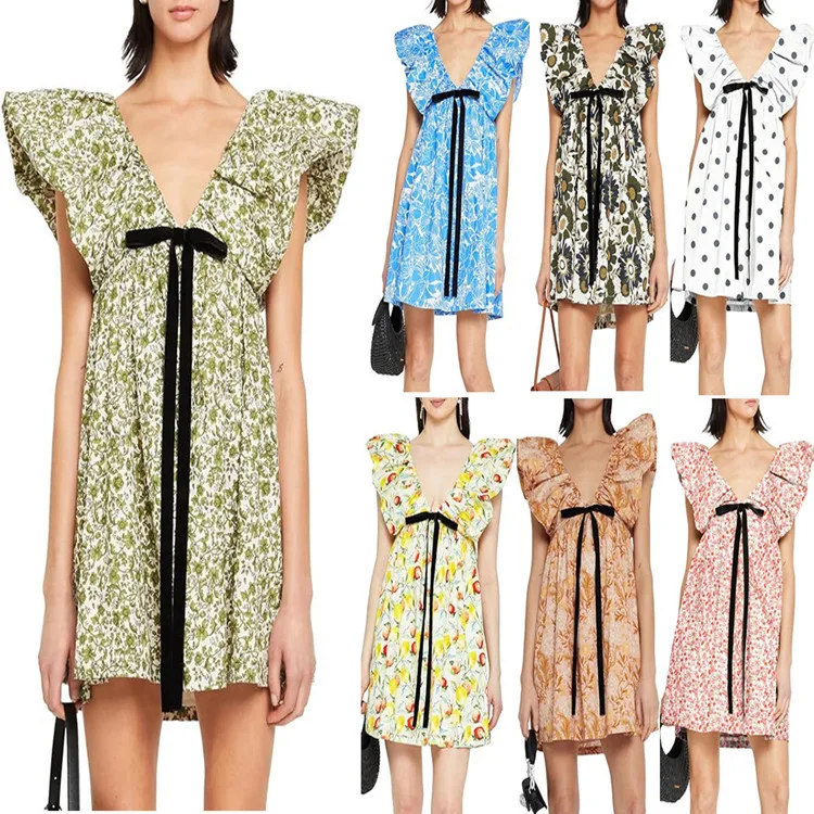 Boho Floral Print Bow Women Dress 2025 Summer Sexy V Neck Puffed Sleeves A Line Mini Dresses Beach Vacation Sundress Vestidos