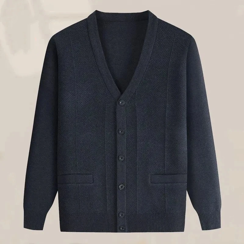 เสื้อโค้ทไหมพรมถักหนาสำหรับผู้ชาย ฤดูใบไม้ร่วง ฤดูหนาว เสื้อคาร์ดิแกน แขนยาว สำหรับผู้สูงอายุและวัยกลางคน