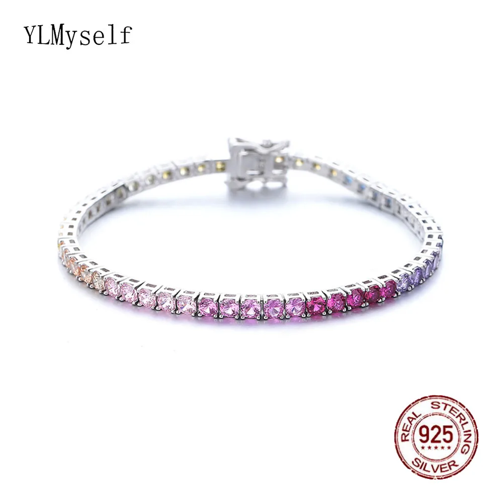 

Real 925 Jewelry For Women Pave 3 mm Bling Rainbow Cubic Zircon Beautiful Pure Silver 15-21 cm Tennis Bracelet