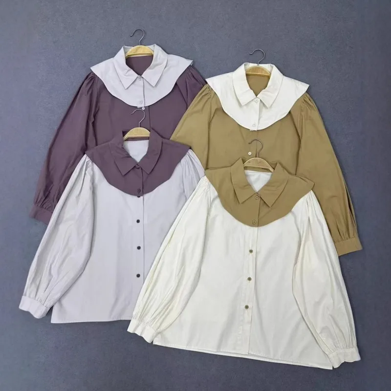 

Johnature Two Piece Blouses For Women 2025 Spring New Casual Hit Color Loose Simple Turn-down Collar Female Shirts