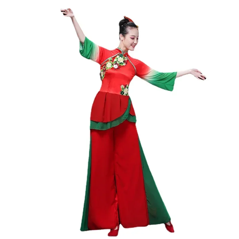 Red Yangko Dance Costume Ancient Folk Dance Fan Oriental Dance Clothing Chinese Style Classic Waist Drum Stage Costume Outfit