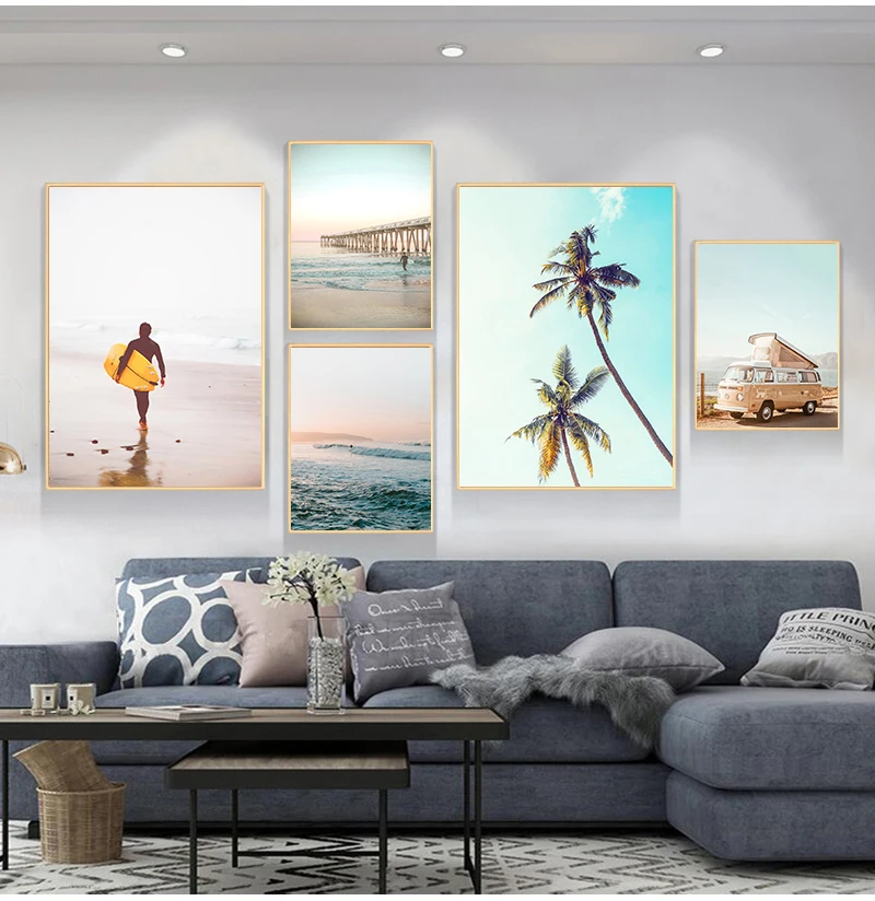 California Surf Art Prints Beach Wall Art Summer Print Sunset Landscape Canvas Painting Surfboard Boho Decor Coastal Posters