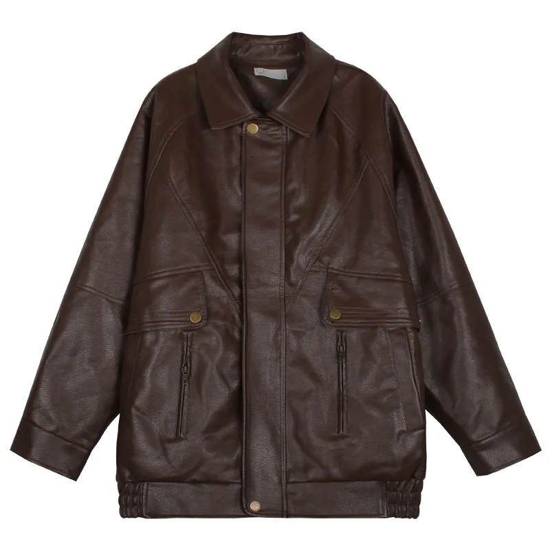 Jaet de cuero grueso marrón Retro americano para mujer, Mural de algodón para invierno, corte holgado, cierre de cremallera largo Sve