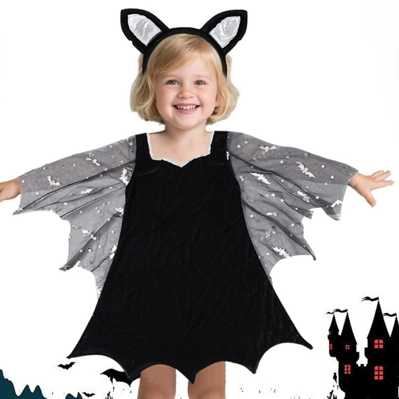 Bat Vampires Costume Halloween Bat Cosplay Costume Accessories with Bat Wing Dress Bat Ears Headband for Kids Little Girl