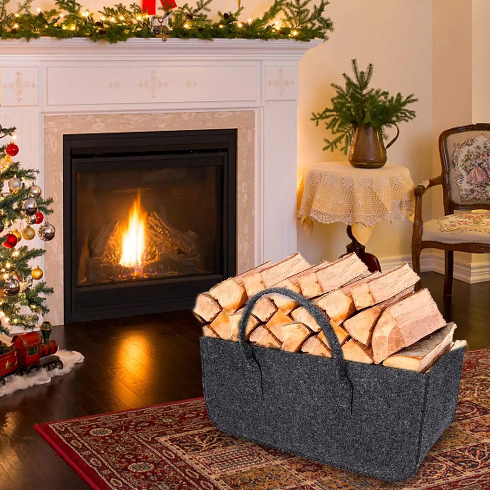 Foldable Large Firewood Basket Felt Bag Shopper for Wood Newspapers Firewood Felt Bag Set of 2