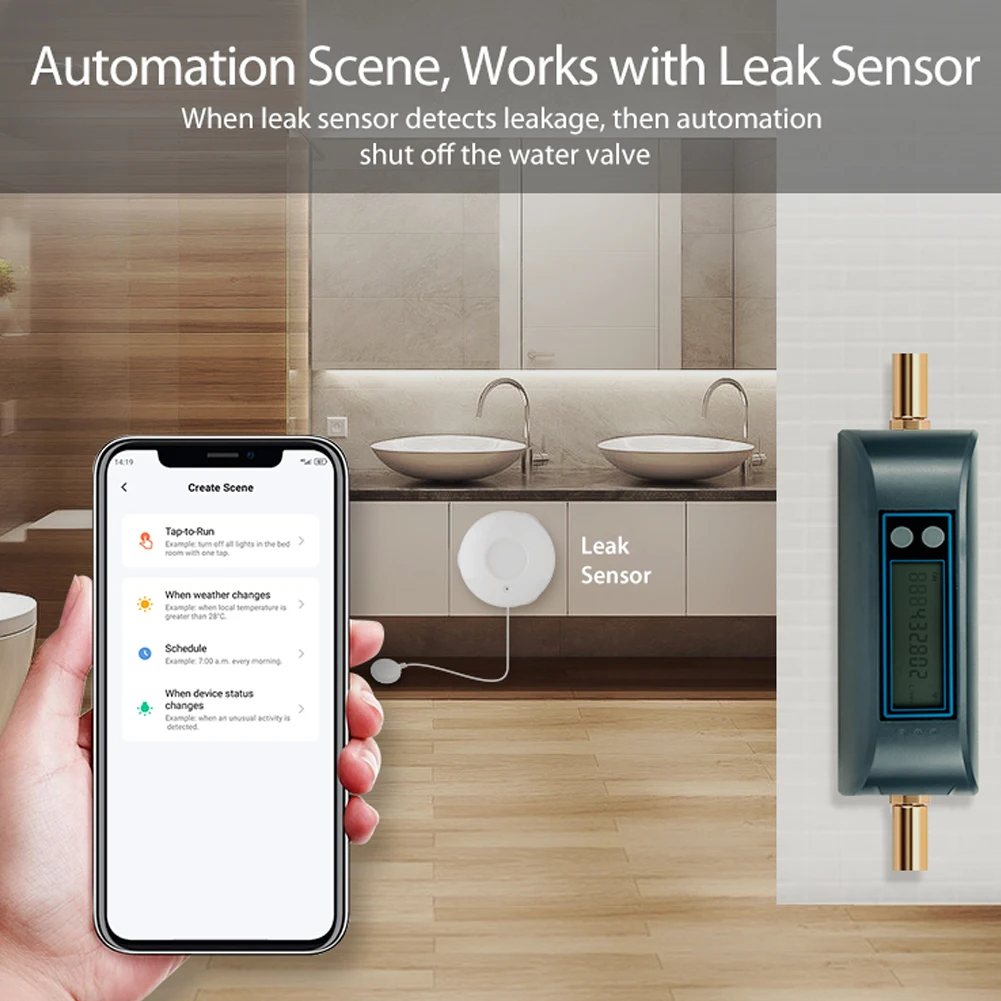 Tuya WiFi Intelligent Watervalve Dual-Band Flowrate Meter Mobilephone APP Control Efficient Home Water Management Device