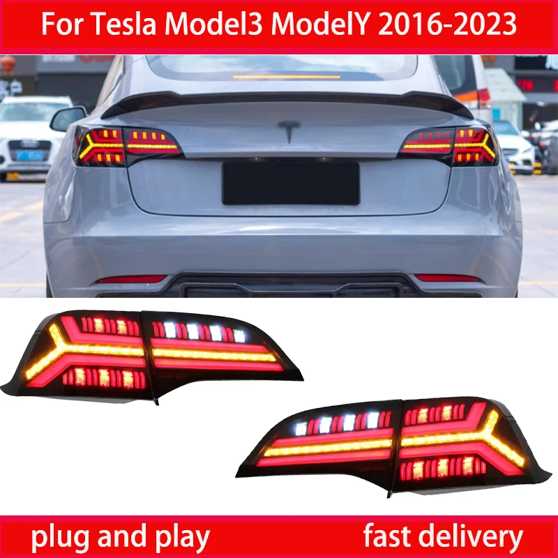

Car Tail Lamp For Tesla Model 3 Model Y 2016 - 2023 LED Taillights Assembly Lamp + Brake + Reverse + Dynamic Turn Signal T Style