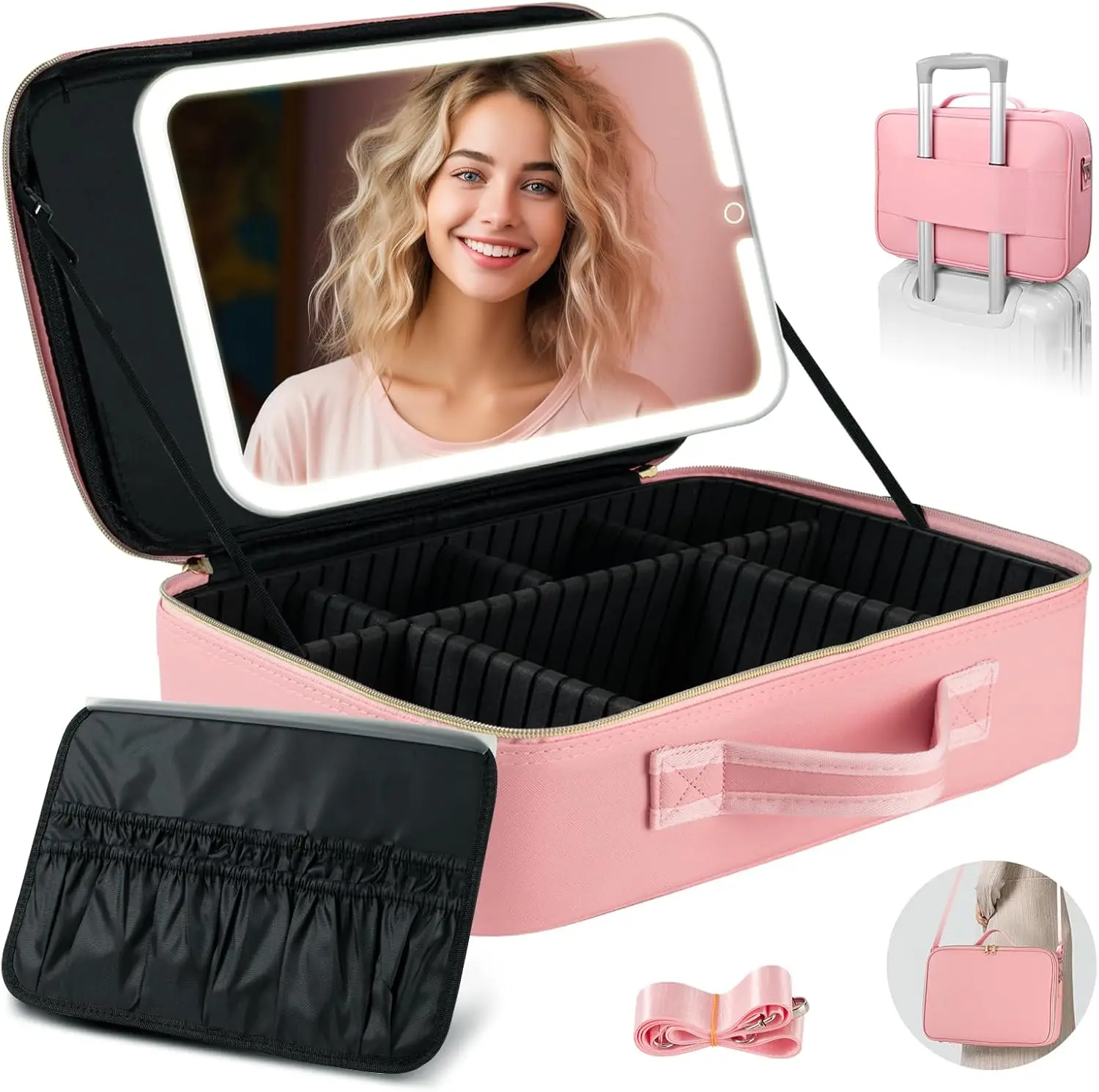 

Большая дорожная косметичка с подсветкой, регулируемыми разделителями и отделением для кистей - 15x11 дюймов