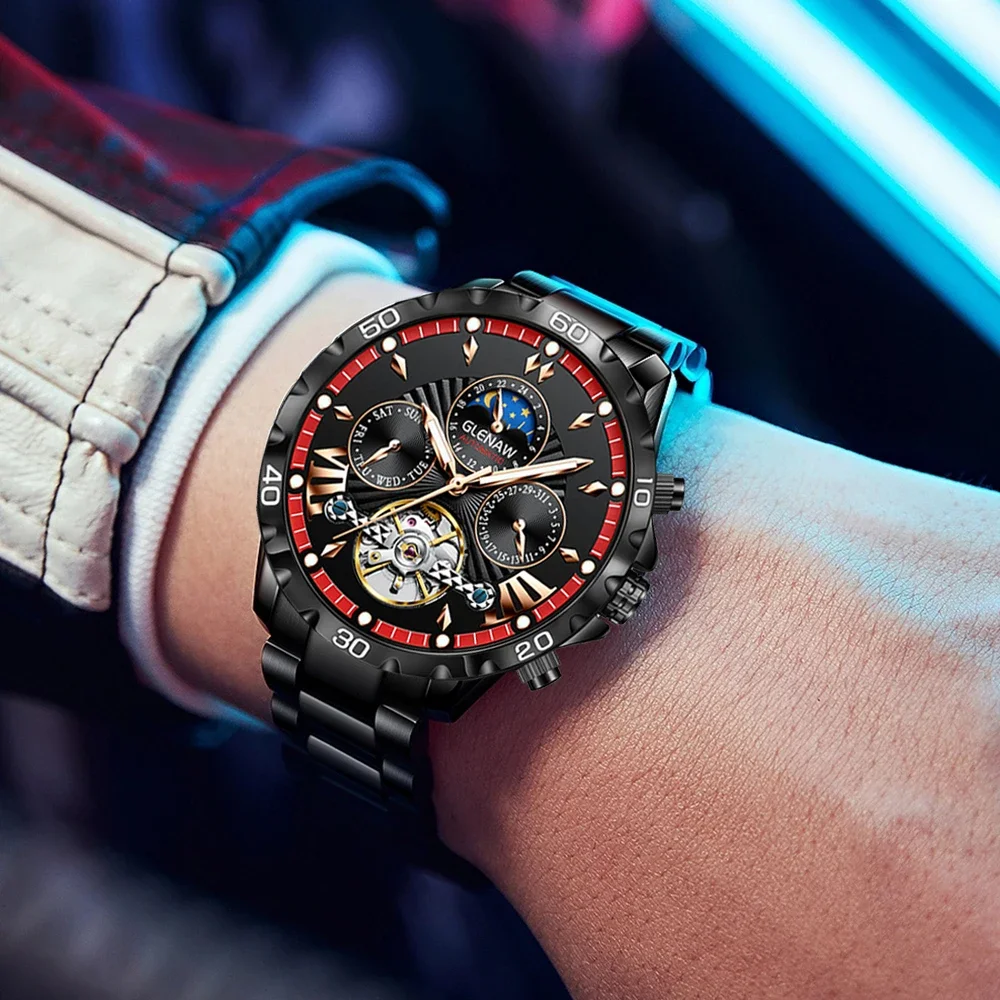 

Автоматические часы, водонепроницаемые, из нержавеющей стали, светящиеся часы с фазой месяца и датой для мужчин, механические наручные часы класса люкс