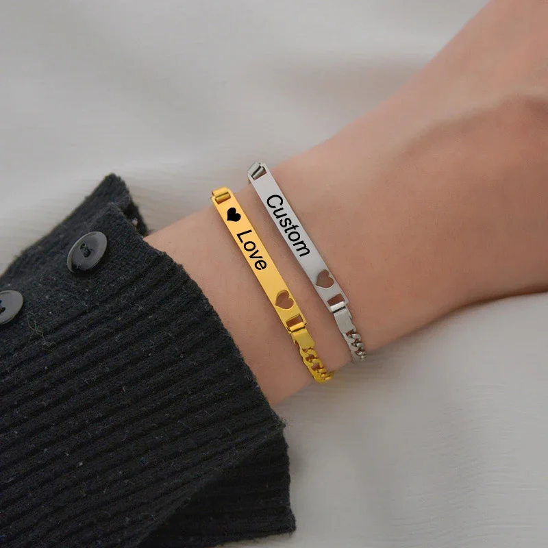

Индивидуальный браслет из нержавеющей стали с гравировкой имени, персонализированное слово, дата, пара, мужские и женские ювелирные изделия, подарок любви