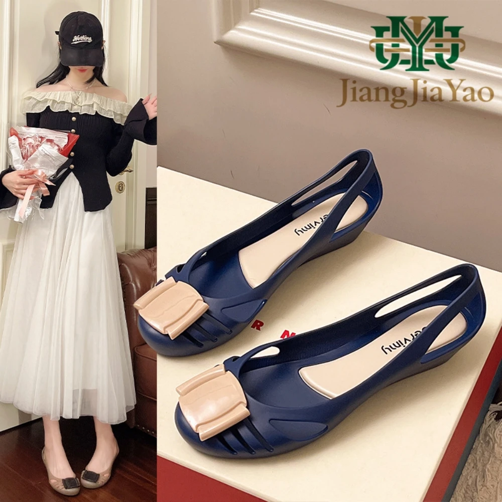

Adult New Square Buckle Jelly Shoes Hollowed Increased Height Plastic Beach Shoes Flat Bottomed Wedge Heel Women's Shoes