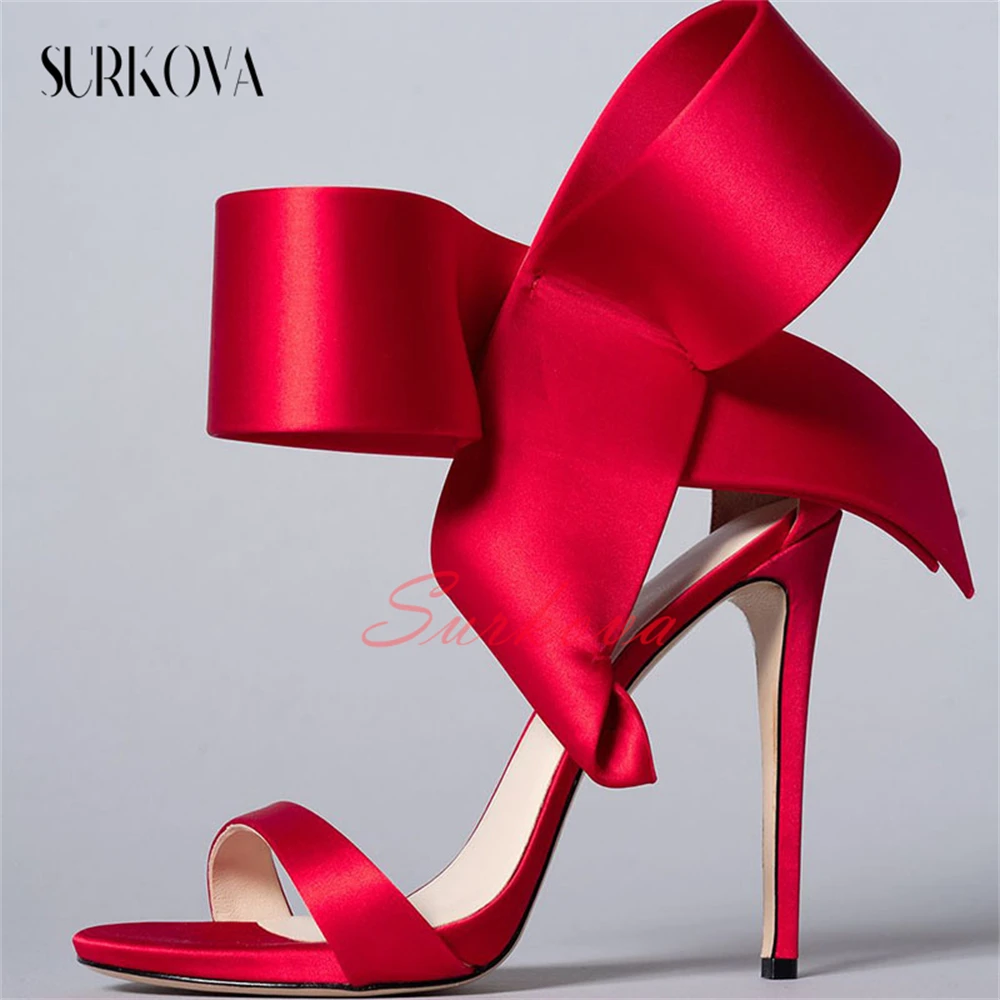 

Side Ankle Oversized Bow Sandals for Women Solid Satin Narrow Strap Open Toe High Heel Sandals Lady Fashion Sandals Dress Shoes