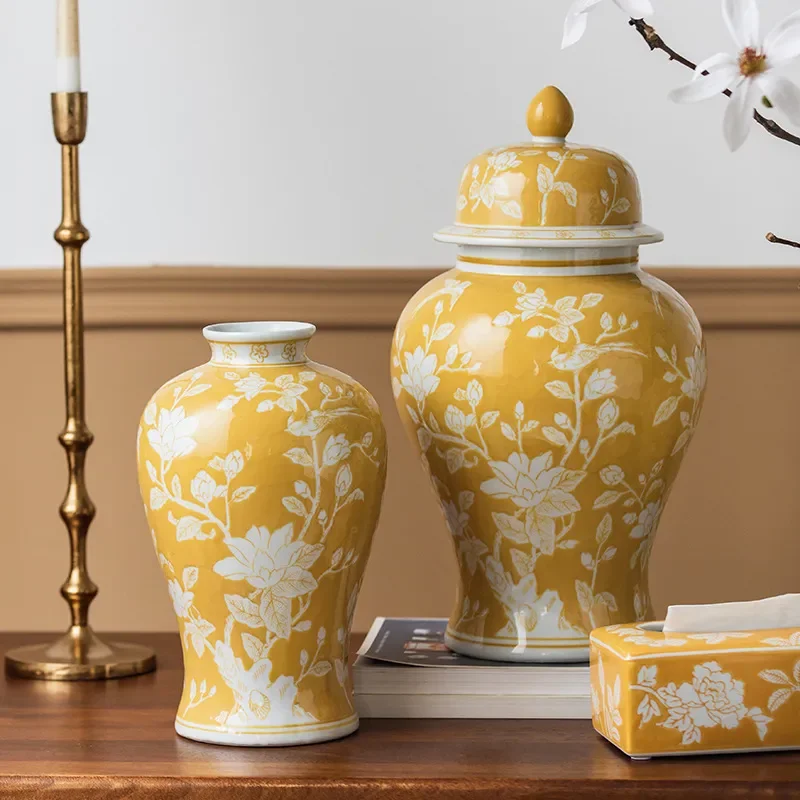 Yellow ceramic vase blue and white porcelain living room flower arrangement desktop rich ornament new Chinese home