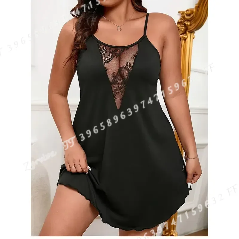 Sexy Black Satin Nightgown for Women Plus Size Lace Trim Hollow Out Spaghetti Strap Dress Fit Sleepwear Date Night Pajamas