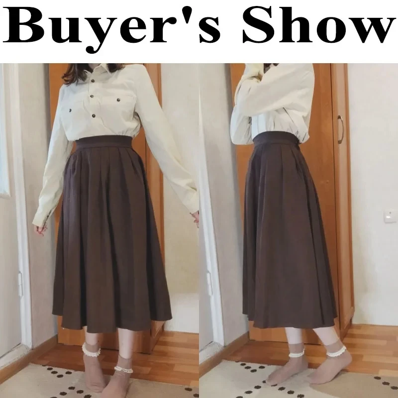 Biyaby Korean High Waist Long Skirt for Women College Style Corduroy Pleated Skirts Woman 2024 Autumn Streetwear Blue Midi Skirt