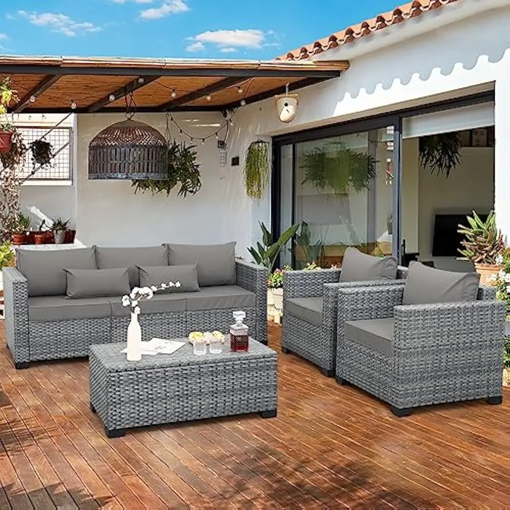 4 Piece Garden Sofas, Outdoor Conversation Set PE Rattan Sectional Sofa Couch w/ Storage Table ,Garden Sofa Set