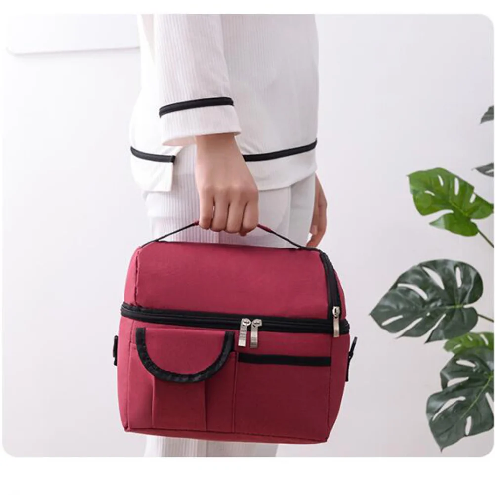 

Double-Deck Heat Preservation Bento Lunch Bag Oxford Cloth Portable Fresh-Keeping Breastfeeding Storage Picnic Hand Tote Bag Red