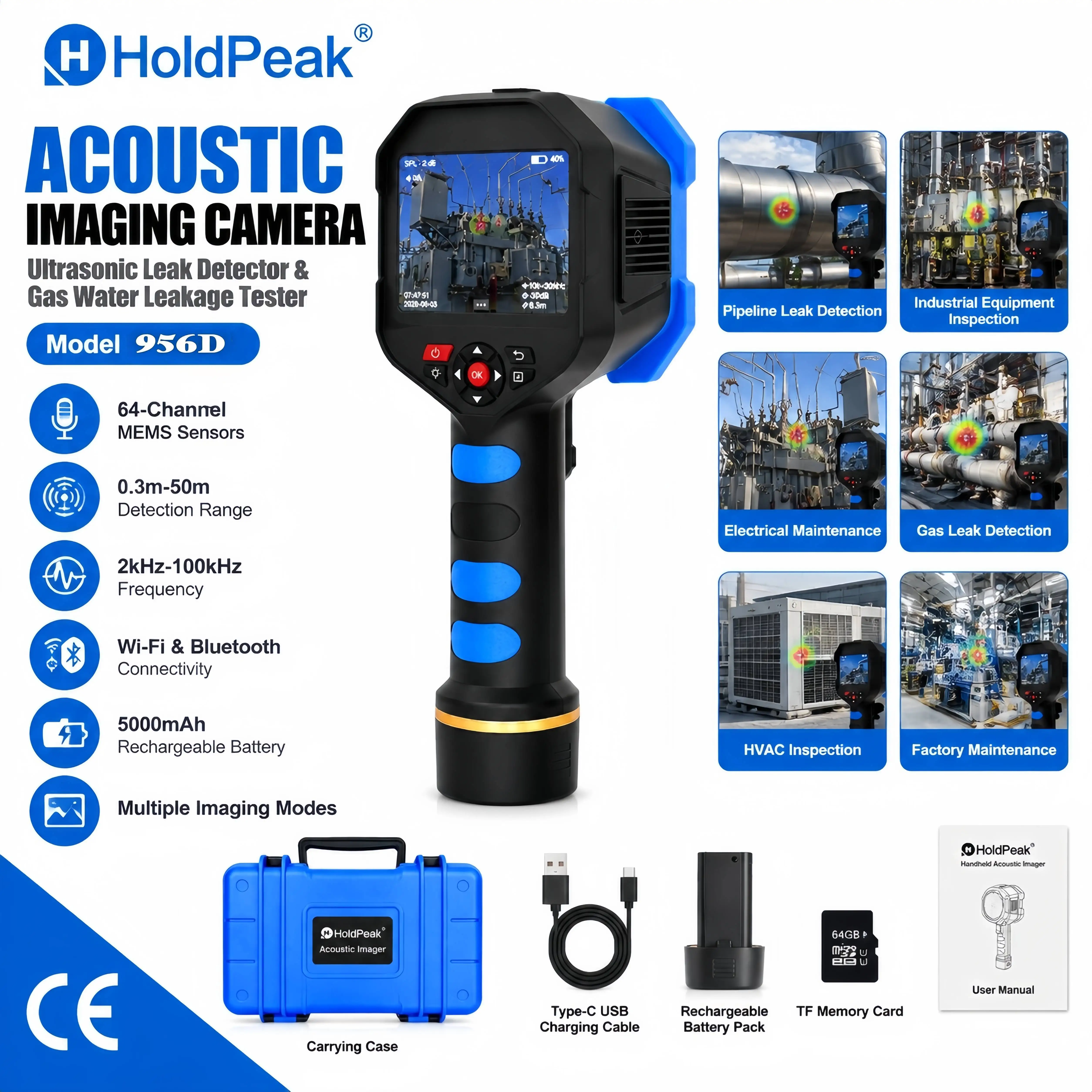 HoldPeak 956D Handheld Acoustic Imager 64-Channel 2-100kHz Gas Leak Detector Partial Discharge Camera 0.3-50m WiFi Bluetooth