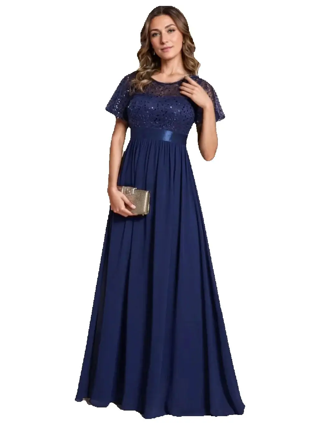 

Elegant Flare Short Sleeves Sequined Long Chiffon Formal Evening Dress