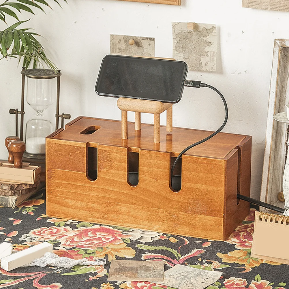 

Wooden Cable Management Box for Desk Cord Organizer Home Office Use Large Capacity Storage Solution for Cables Chargers Routers