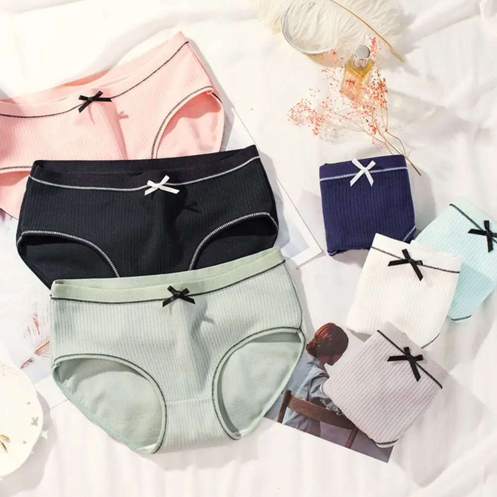 

10PCS Comfortable Bowknot Solid Color Panties Stripe Oversized Underwear Women Female Lingeries Breathable Low Waist Briefs Girl