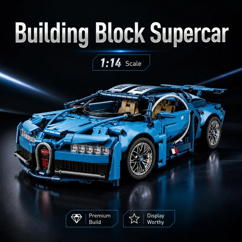 

1:14 Blue Building Block Supercar Model, Sports Racing Car Construction Kit, Collectible Display Vehicle Toy Gift for Adults and