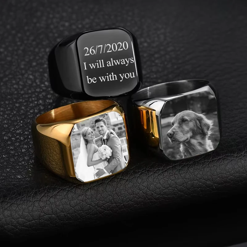 Bluelory Customized Photo Rings For Men Women Stainless Steel Personalized Name Date Logo Rings Jewelry Accessories Gifts
