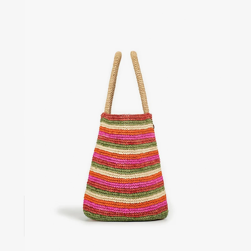 BEAUTODAY Tote Bags Women Raffia Mixed Color Sweet Colorful Strip Design Large Capacity Open Pocket Ladies Bags Handmade 62168