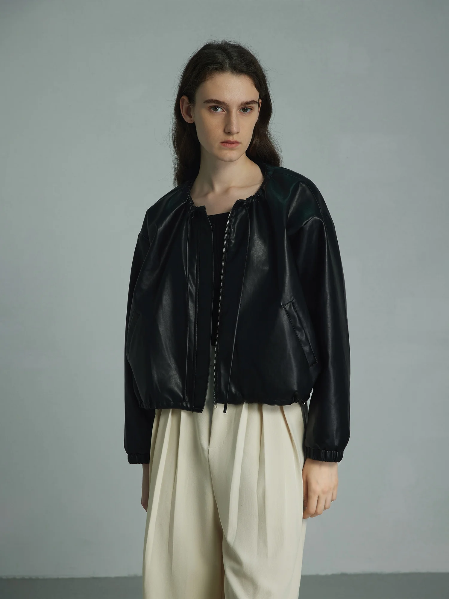 

Black Short Loose Long Sleeve Leather Jacket Women's Outerwear Elegant Design Spring Fashion PU Leather Zipper Closure