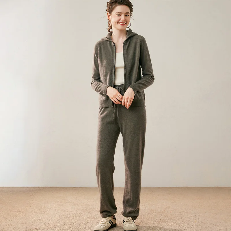 

Качественный женский комплект из 100% кашемира, вязаный мягкий однотонный повседневный кардиган на молнии с капюшоном, свитер, топы, теплые штаны с высокой талией