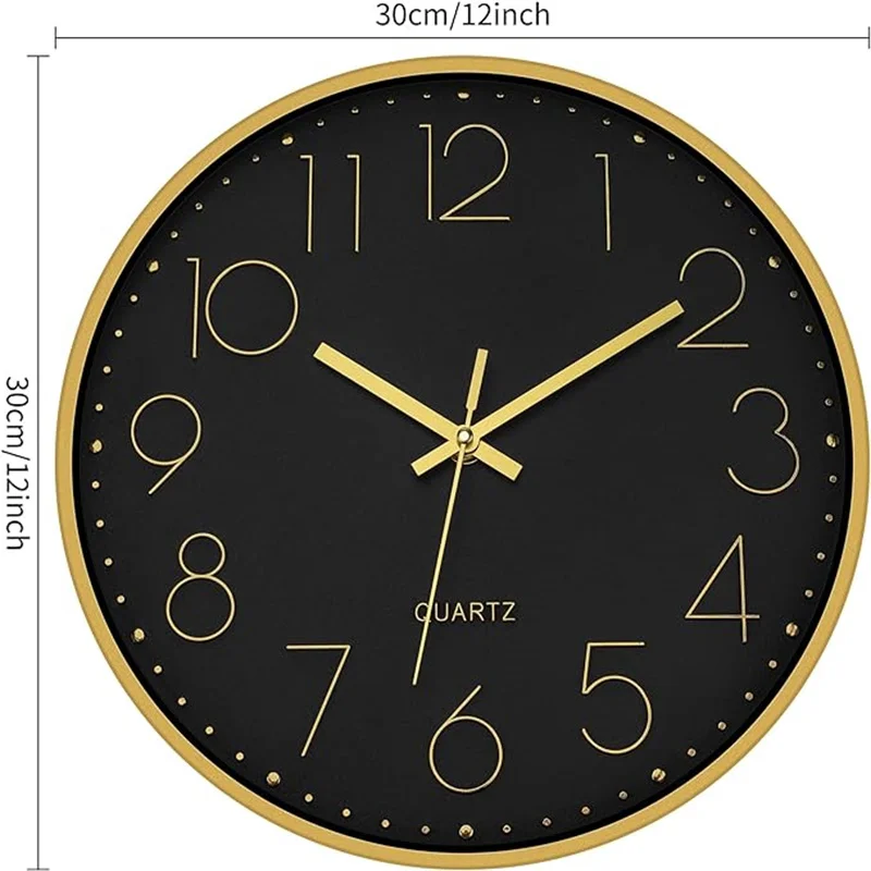 Black Gold Wall Clock 12 Inch Silent Non-Ticking Battery Operated Round Quartz Modern Wall Clock for Living Room Bedroom Home