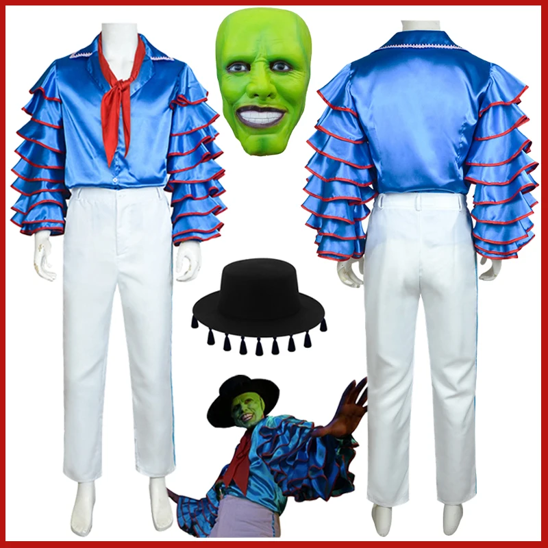 Movie Jim Carrey Cosplay Costumes Adult Women Man The Mask Stanley Ipkiss Blue Suit Carnival Party Mask TOP Pants Hat Uniform