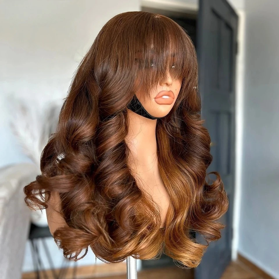 Perruque أومبير براون مع بانج مقاومة للحرارة بيروكات صناعية الجسم موجة شعر مستعار 13X4 HD الدانتيل الباروكات الأمامية قبل قطعها الاستخدام اليومي للحفلات