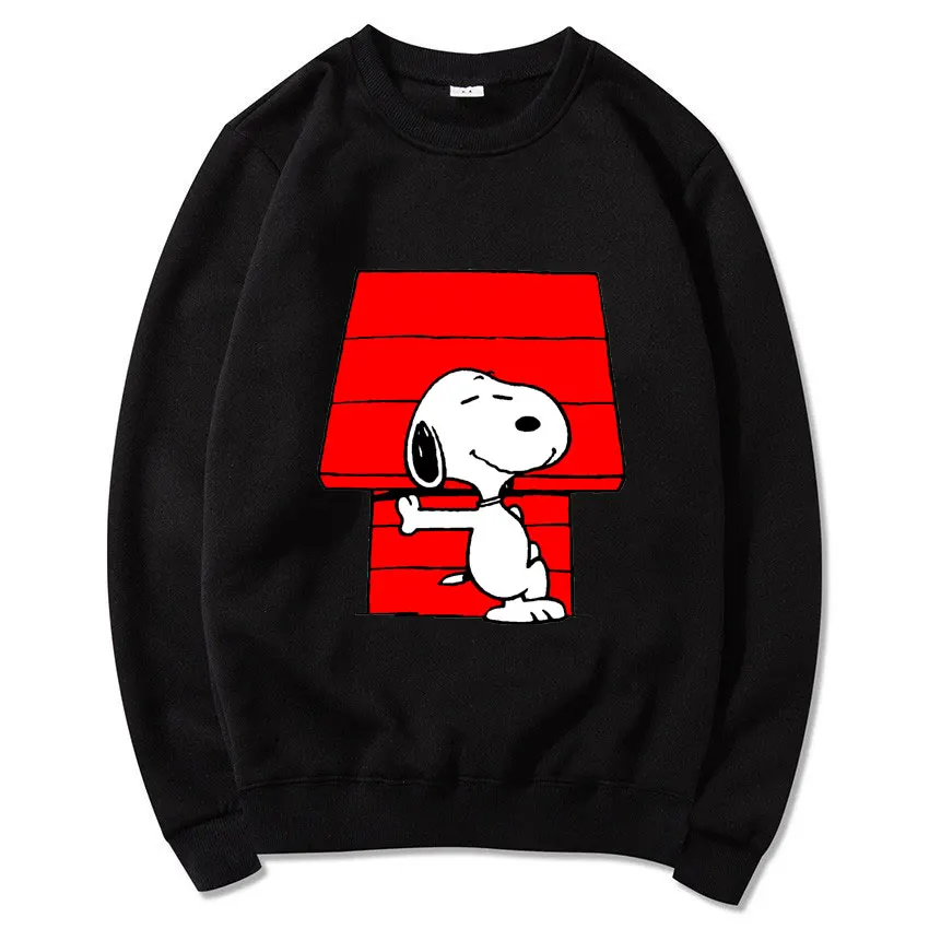 Snoopy Cartoon Anime Women Pullover Spring Autumn Men Round Neck Hoodie 2024 New Fashion Black Couple Sweatshirt Tops