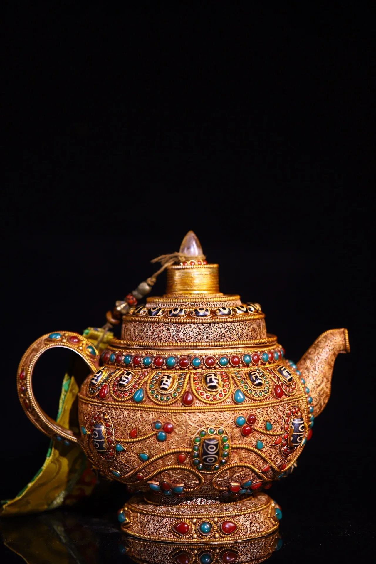 

9"Tibetan Temple Collection Old Tibetan Silver Gilded Filigree Mosaic Gem gZi Beads Crystal Buddha Teapot Kettle Worship Hall