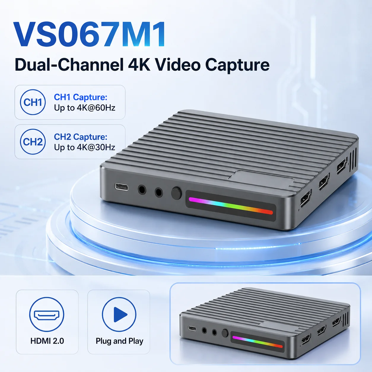 2CH 4K for Capture Card USB3.2 Gen2 Dual Loopout Separate Line-in RGB LED for Live Stream MP4 Laptop Camera