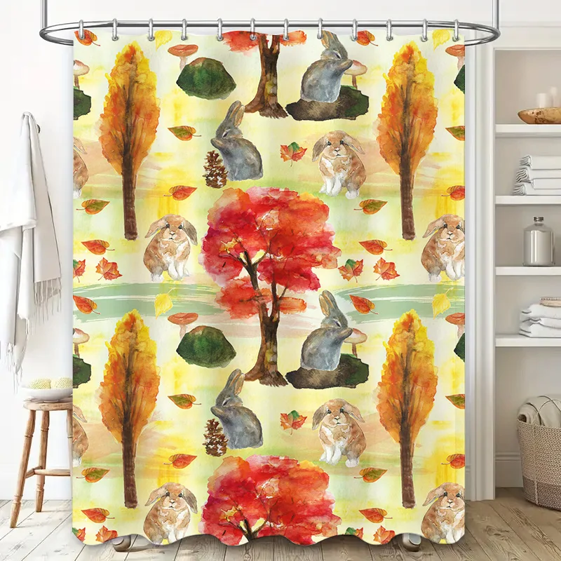 Vivid Fall Forest Animal Print Shower Curtain Rabbit, Maple Leaf Mushroom Design for Bathroom Decor