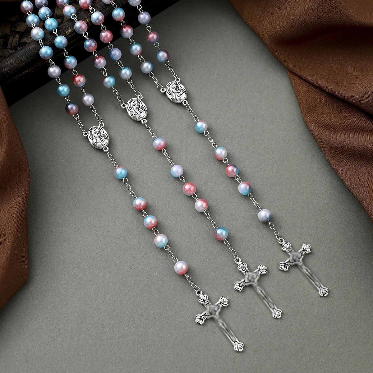 Hot-selling 8MM Imitation Pearl Cross Baptism Women Necklace Religion Communion Prayer Colorful Long Necklace Gift Dropshipping