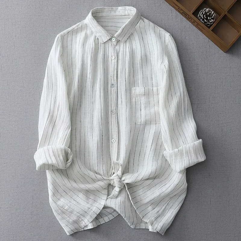 Women Casual Striped Shirt New Arrival 2024 Spring Simple Style Loose Comfortable Female Cotton Linen Tops Shirts B3620