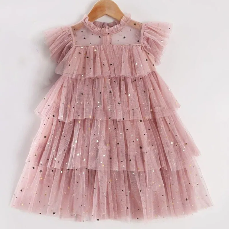 Summer Girls Ruffle Princess Dresses Sequin Shiny Cake KidsTulle A-Line Cloth 3-8 Years Children Elegant Birthday Mesh Costume