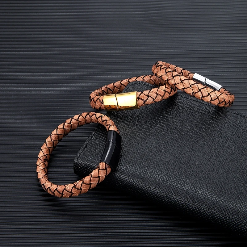 MKENDN Punk Men Retro Genuine Braided Brown Leather Bracelet Stainless Steel Magnet Buckle Handmade Jewelry Homme Pulseras