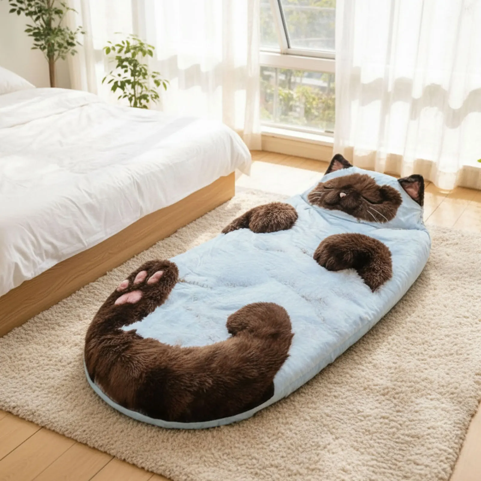 猫型封筒型寝袋-かわいいキャンプ用寝袋-大人用-キャンプやお泊り会、自宅でのくつろぎに