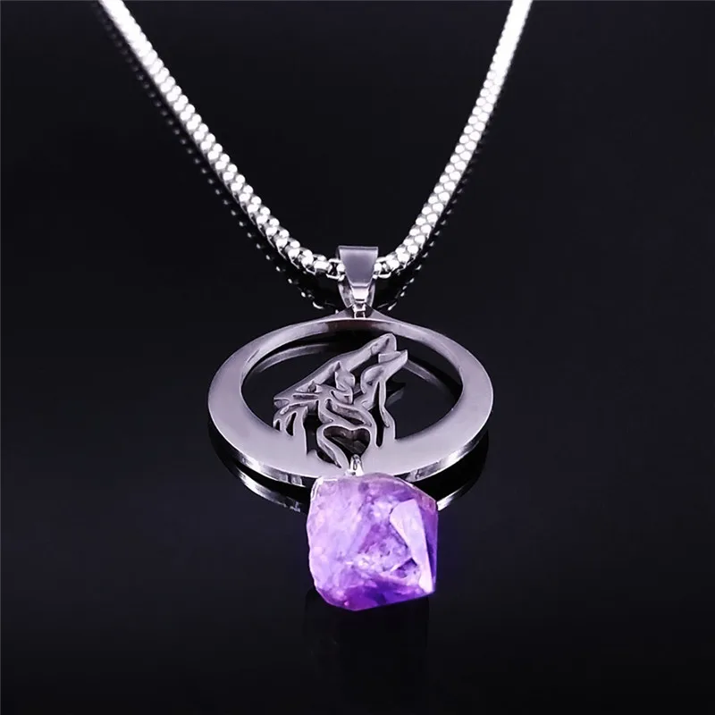 القمر الذئب الطبيعي الأرجواني كريستال قلادة من الفولاذ المقاوم للصدأ الحيوان قلادة قلادة النساء/الرجال المجوهرات cadenas mujer N7096S02