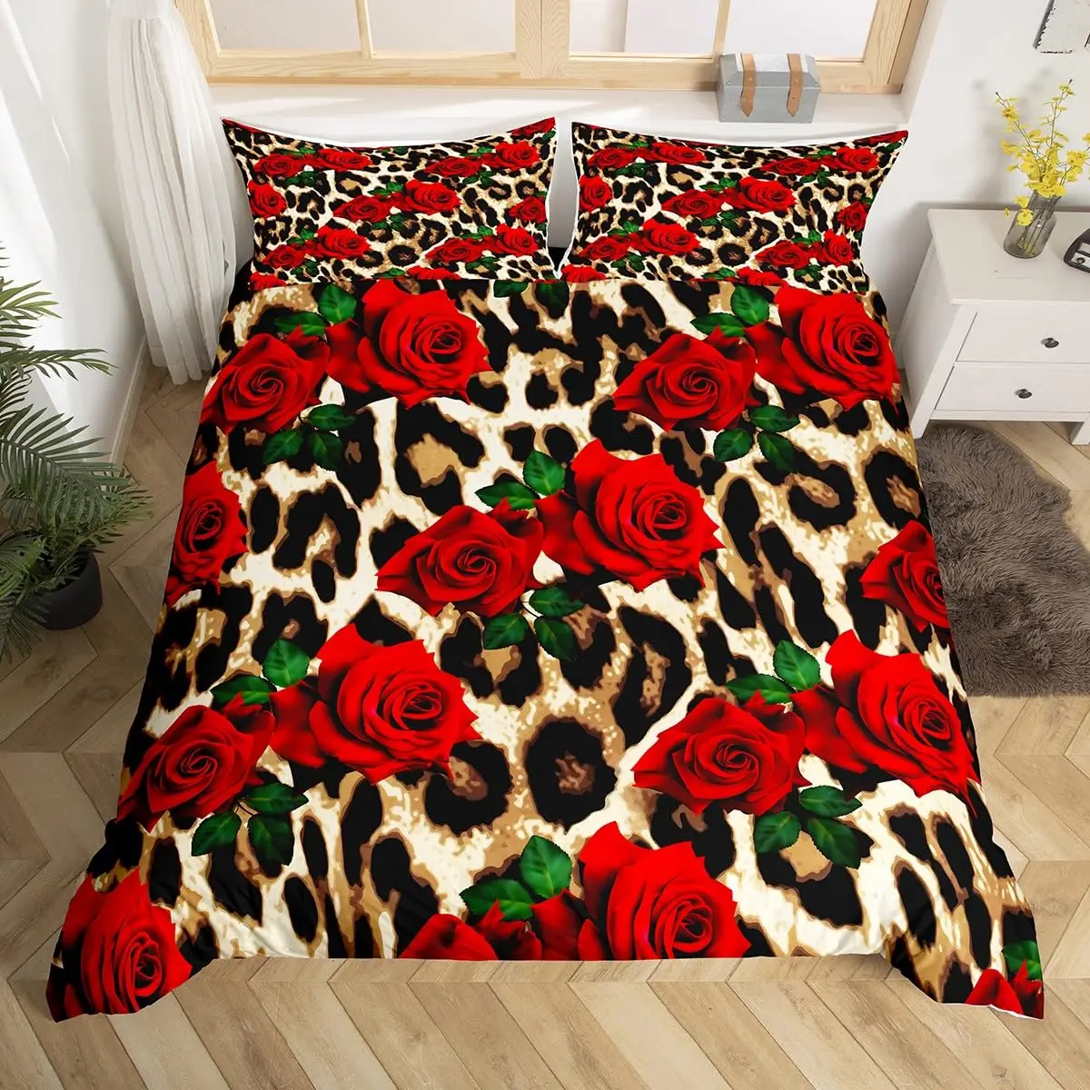Rose Leopard Print Duvet Cover Queen Twin Romantic Flower Comforter Cover For Wedding Valentine's Day Safari Animal Bedding Set