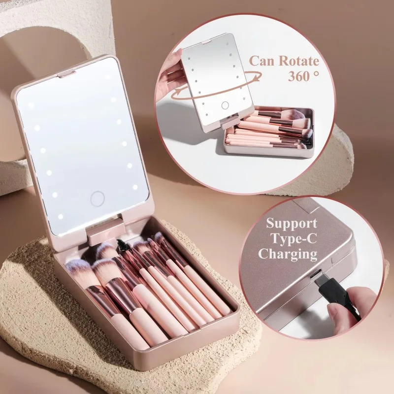 14 PCS Makeup Brush Set with Illuminated Mirror Portable Short Handle LED Light USB Rechargeable Makeup Brushes Kit Makeup Tools